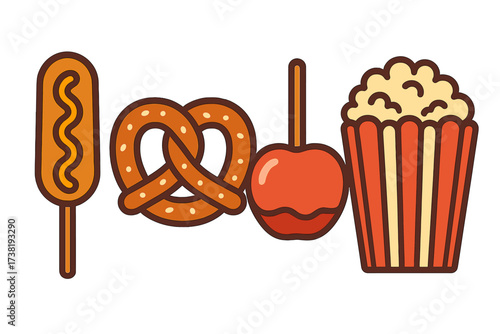 Classic carnival and fairground food items including corn dog, pretzel, candy apple, and popcorn