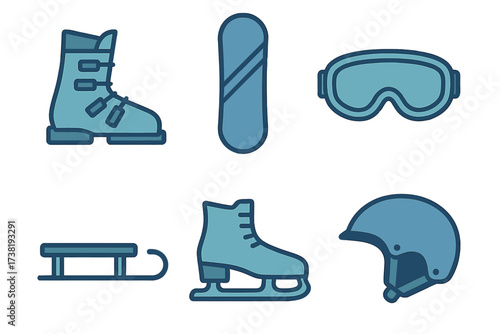 Set of essential winter sports equipment icons including ski boot, snowboard, ice skate, and helmet