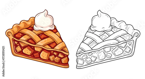 Detailed illustration showcasing a slice of delicious apple pie and line art for coloring
