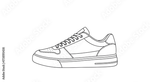 Detailed monochrome line drawing showcasing a casual fashion trainer shoe design with laces