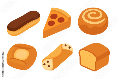 Isometric collection of various baked goods, sweet pastries, and a savory pizza slice