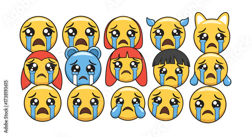 Diverse array of crying emojis expressing sadness, despair, or overwhelming emotions for digital use