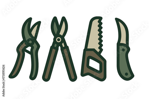 Collection of professional gardening and landscaping hand tools for outdoor work