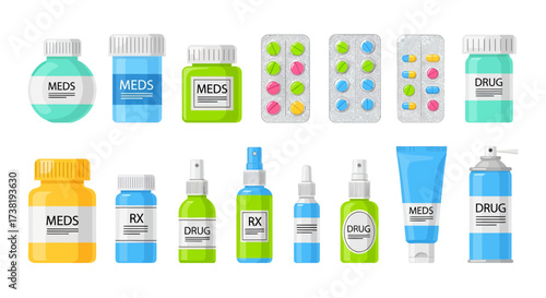 Diverse assortment of medical supplies including pills, bottles, and spray cans displaying a