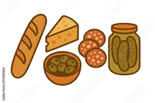 Assortment of classic deli and picnic food items including bread, cheese, olives, salami, and pickles