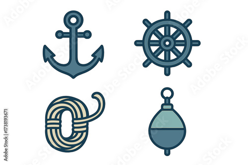 Collection of nautical elements including anchor, ship's wheel, rope, and buoy for maritime themes