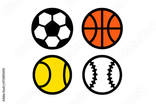Collection of popular sports ball icons including soccer, basketball, tennis, and baseball