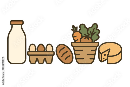 Assortment of fresh groceries including dairy, produce, and baked goods
