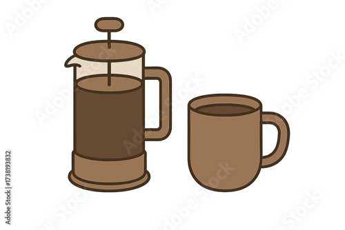 Freshly brewed coffee in a classic French press next to a ceramic mug
