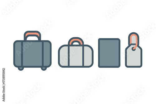 Collection of travel baggage items including suitcase, duffel bag, and luggage tag
