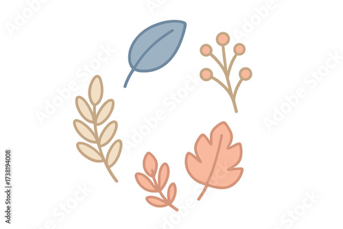 Stylized autumn leaves and berries arranged in a decorative natural wreath frame