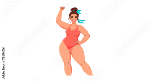Empowered woman standing confidently in a swimsuit, portraying body positivity and joyful