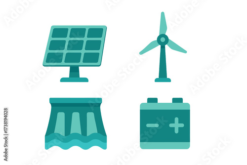 Sustainable energy sources with solar panel, wind turbine, hydroelectric dam, and battery storage