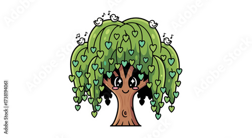 Enchanting weeping willow cartoon with heart-shaped leaves and joyful musical birds scene
