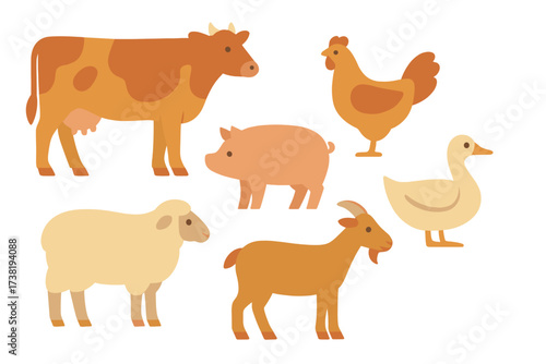 Group of common domestic farm animals including cow, pig, chicken, sheep, goat, and duck