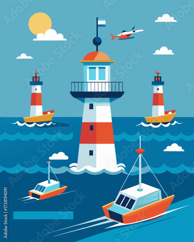 A steady stream of vessels pass by a solarpowered buoy its sensors constantly monitoring water conditions and relaying important data back to the coast guard.. Vector illustration