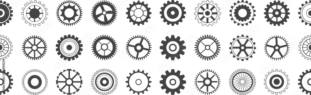 Obraz premium Gear icon set, mechanical component illustrations, engineering and machinery symbols, industrial design elements, vector graphic collection, black and white style