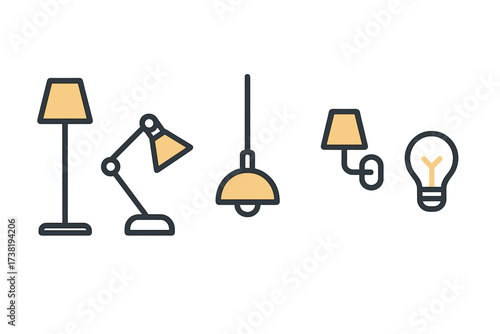 Modern collection of various home lighting fixtures including floor, desk, and ceiling lamps with a lightbulb