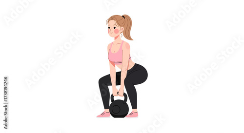 Female character performing kettlebell squats for workout and healthy lifestyle