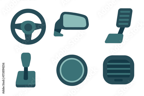 Set of car interior elements including steering wheel, side mirror, pedal, gear shift, and air vent