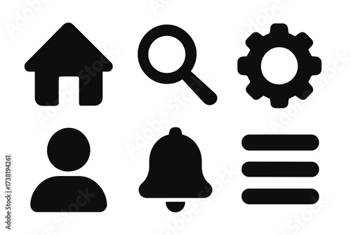 Essential user interface icons set for web and mobile applications including home search settings profile notification menu