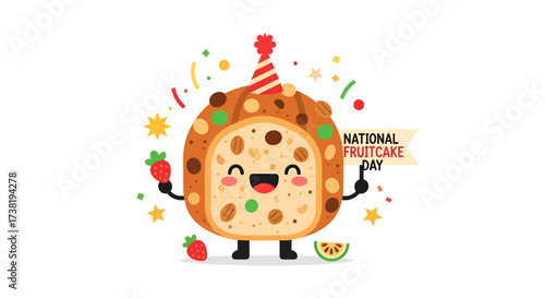 Festive national fruitcake day celebration with cheerful cartoon fruitcake character