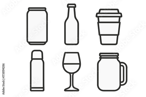 Collection of outline beverage containers including soda cans, beer bottles, coffee cups, and wine glasses