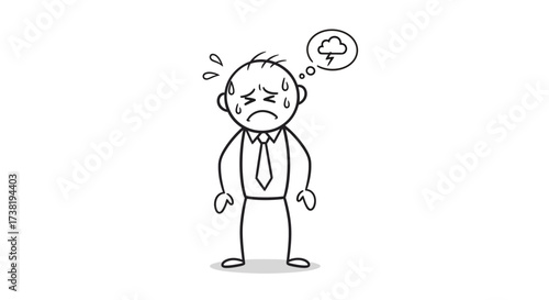 Frustrated stick figure businessman with storm cloud overhead symbolizing problems