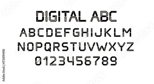 Futuristic digital alphabet featuring illuminated segmented display characters for design usage