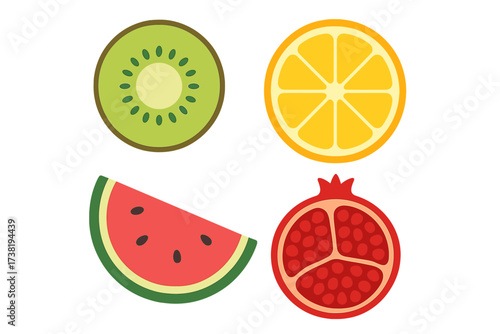Assortment of fresh fruit slices including kiwi, orange, watermelon, and pomegranate