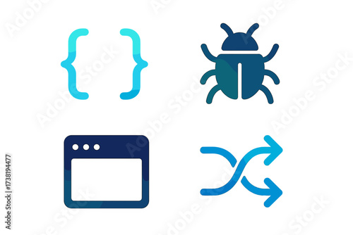Modern digital symbols for coding, debugging, web interface, and data flow concepts