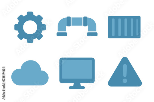 Modern flat design icons representing technology, cloud computing, settings, and warnings