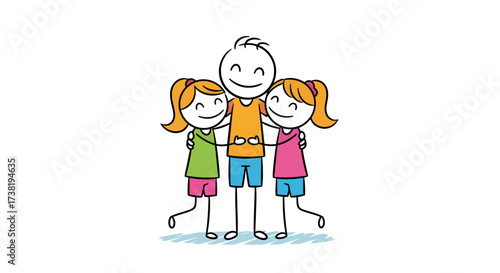 Heartwarming embrace of two adorable girls surrounding a cheerful stick figure man radiating