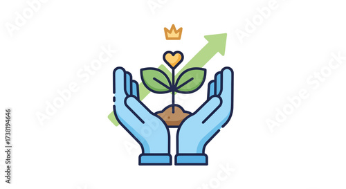 Hands nurturing seedling with heart shaped flower promoting sustainable growth and prosperity
