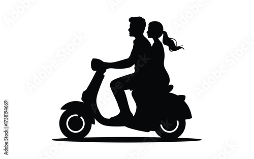 Romantic silhouette of a couple riding a scooter together on an adventure