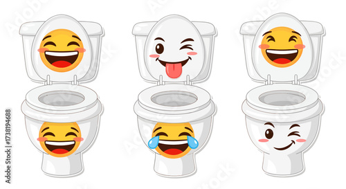 Humorous emoji-adorned toilets vector illustration set for digital sanitation designs