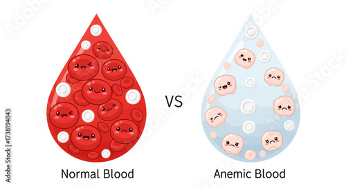 Illustration contrasting healthy blood cells versus anemic blood cells, emphasizing difference in