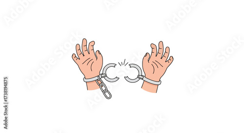 Illustration depicting liberation with broken handcuffs symbolizing freedom and escape