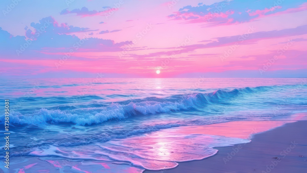 Fototapeta premium Dreamy Pastel Sunset over Ocean Waves on a Serene Beach.