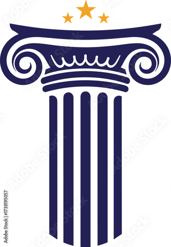 Ionic column with gold stars, classical architecture symbol, institutional and academic icon, stability and honor concept, vector design, blue and gold style