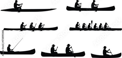 Silhouette vector illustration of canoe paddling people in different group sizes, fishing, teamwork, outdoor adventure, water sport, recreation activity