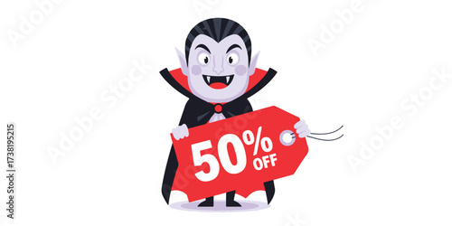 A cartoonish inflatable vampire character with a wide smile and fangs holds a bright red sale tag indicating 50% off.