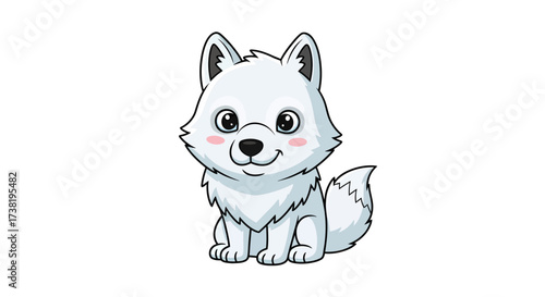 Adorable Arctic Fox Cub Cartoon Illustration: Charming Canine with Snowy White Fur and Pink Cheeks
