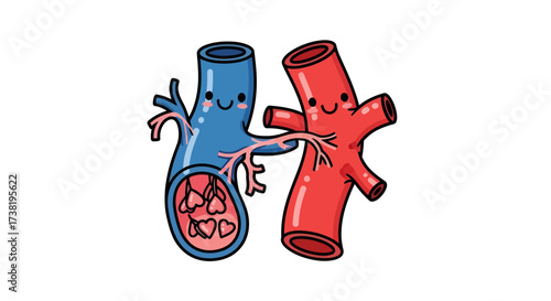 Adorable depiction of an artery and a vein featuring hearts within a blood vessel