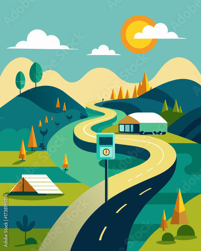 A winding road through the nature reserve leads to a lookout point with a solarpowered charging station allowing drivers to take in the beautiful scenery while their car charges.. Vector illustration