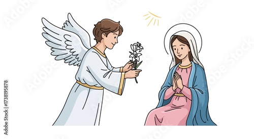 An illustration depicts an angel presenting lilies to a praying woman with halo