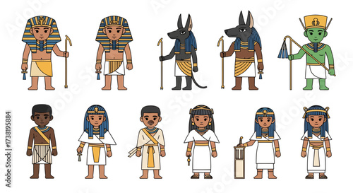 Ancient Egypt stylized characters representation depicting pharaohs gods and people vector art