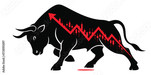 A powerful black bull silhouette with a red upward trending arrow graph superimposed, signifying a strong bull market and financial success.