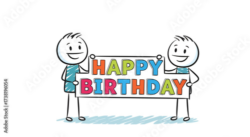 Animated stick figures joyfully celebrating with a colorful birthday banner illustration