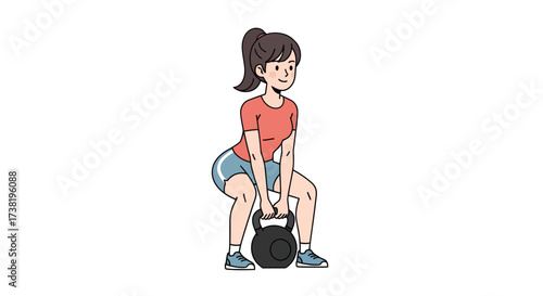 Animated woman training with kettlebell in gym for strength conditioning exercise